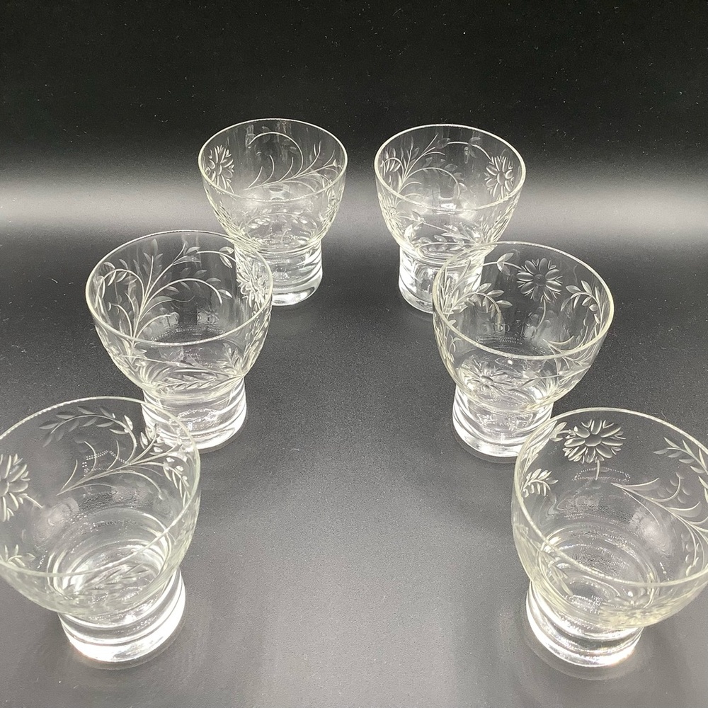 Antique Set of 6 Crystal Waist-Cut Etched Shot/Cordial Glasses